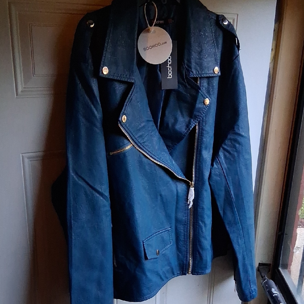 Boohoo Blue Leather Jacket with Gold Accents